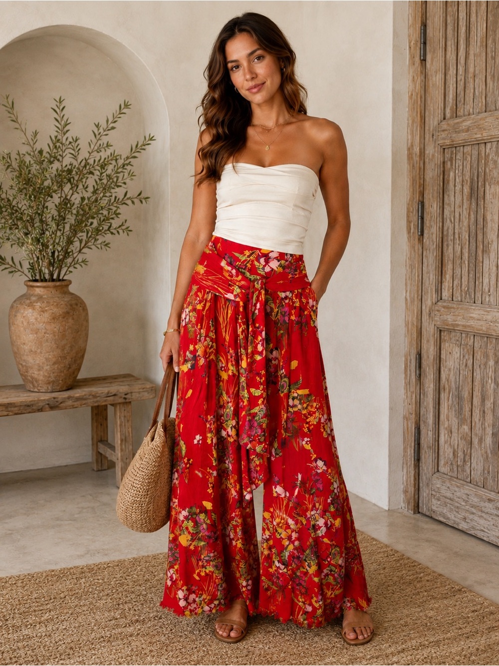 Free People Red Floral Wide Leg Pants Size M Boho High Rise Rayon